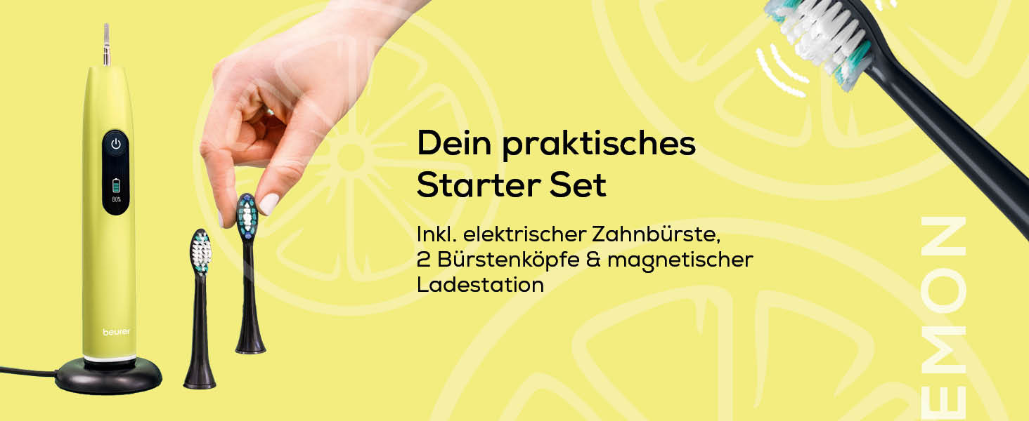 Beurer SC 50 Електрична звукова зубна щітка з 5 режимами чищення, датчиком тиску та дисплеєм (Splashy Lemon)