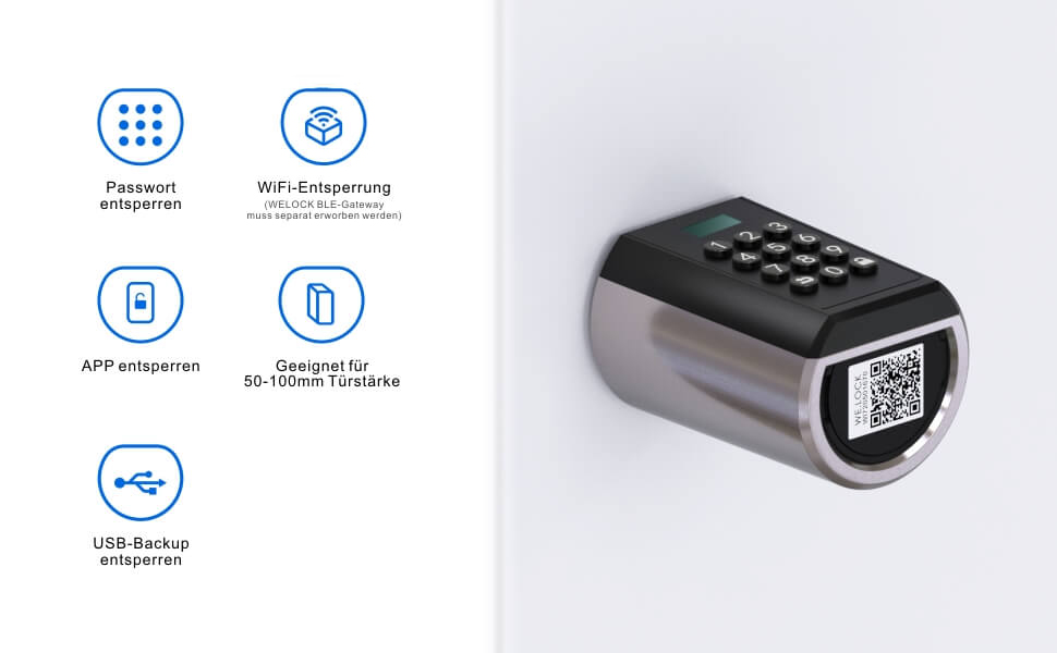 Електронний циліндр WELOCK PBL41 для дверей з Bluetooth, кодовий замок IP65, для дверей 50-100 мм