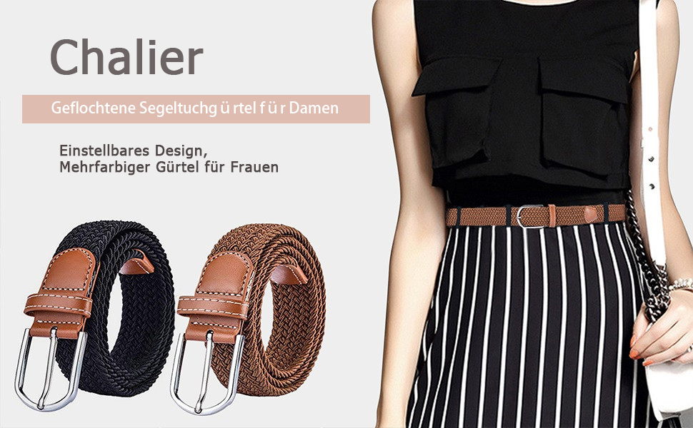 Жіночі еластичні пояси Chalier (2 шт.) - плетений стрейч-пояс, чорний та темно-синій, універсальний розмір, темно-синій та білий