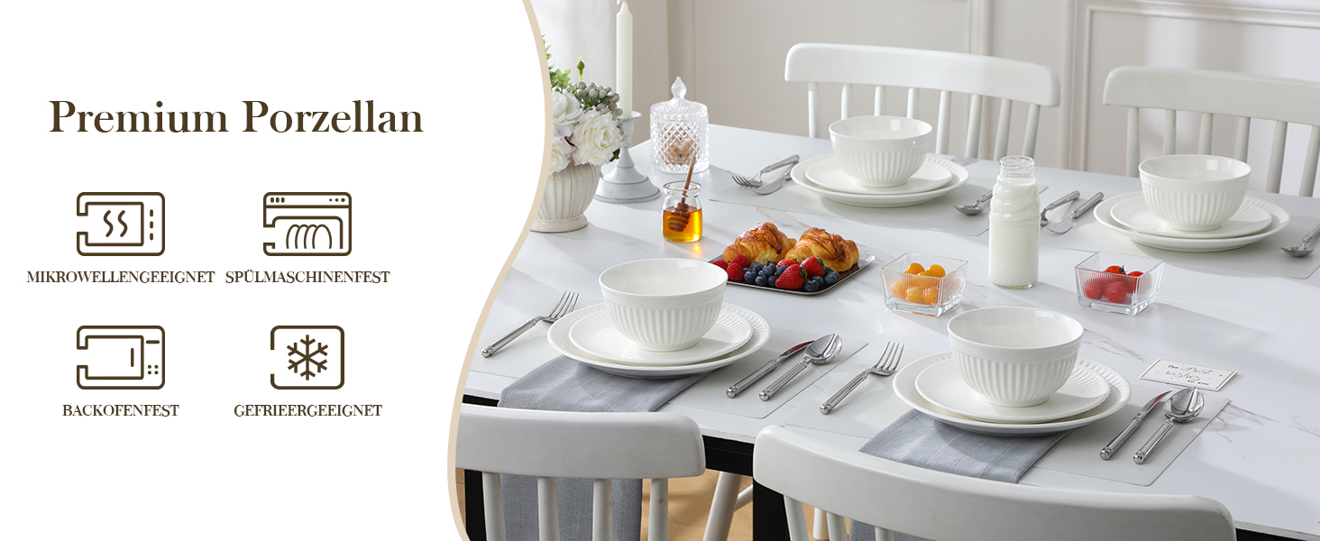 Набір посуду Malacasa Leila для 6 осіб, 24-елементний сервіз з порцеляни з ручним рельєфним дизайном, білий. Підходить для мікрохвильової печі та мийки посуду.