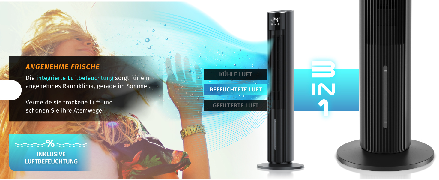Вентилятор вежа Brandson ECO GREEN з водяним охолодженням, WiFi, керуванням Alexa – мобільний кондиціонер, чорний матовий