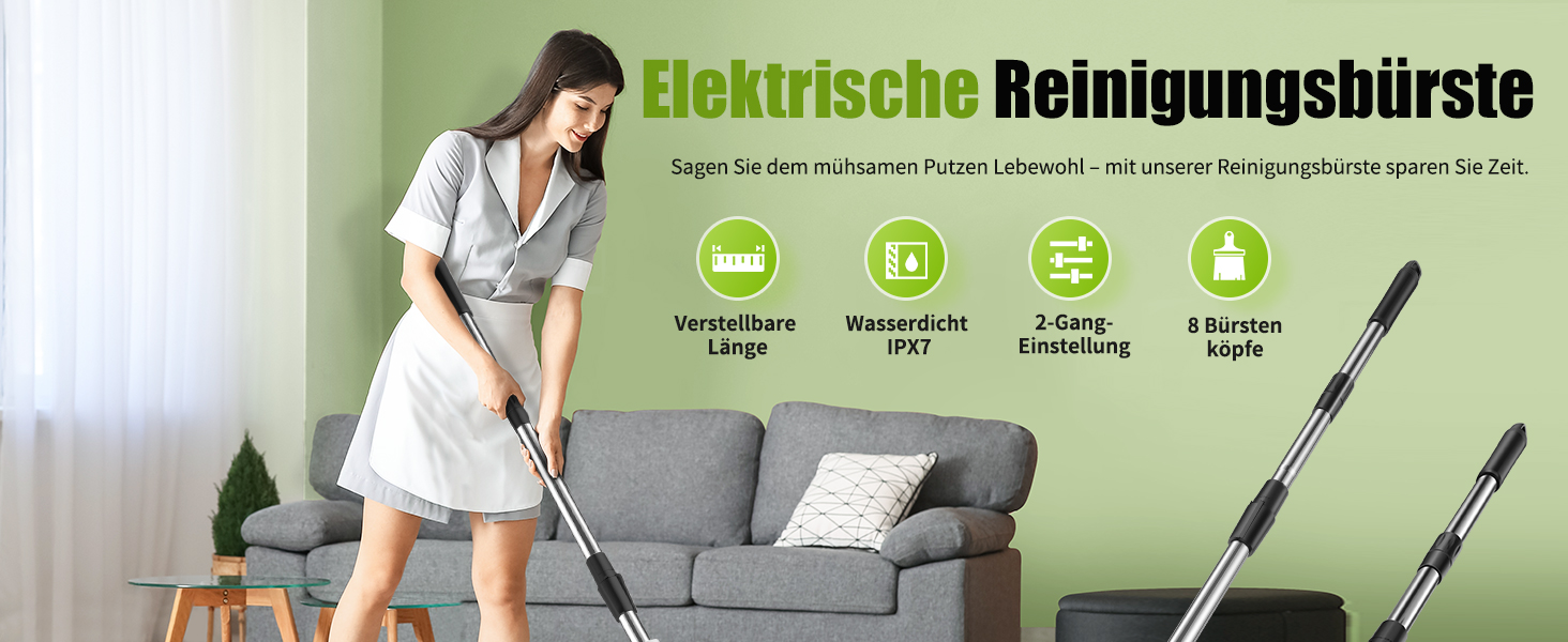 Електрична щітка для прибирання YKYI з 8 насадок, водонепроникна IPX7, для ванної, підлоги, кухні (біла)