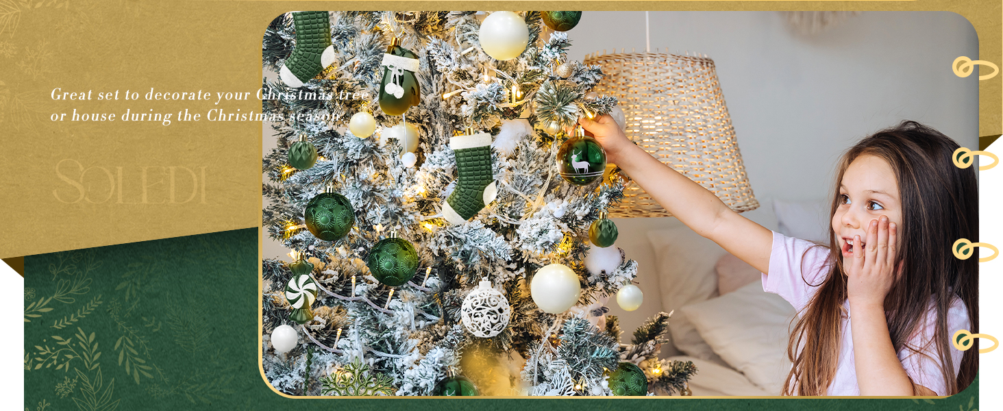 Набір ялинкових прикрас SOLEDI® 128 шт. Преміум якість, пластикові кулі білого кольору з зіркою, міцні та безпечні, набір прикрас з гачками, кольорові ялинкові кулі, багаторазовий декор на Різдво (зелений)