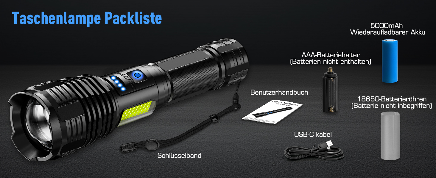 LED ліхтарик Sidark, 500000 люмен, водонепроникний IPX7, 9 режимів, Zoom, бічне світло, для кемпінгу та надзвичайних ситуацій