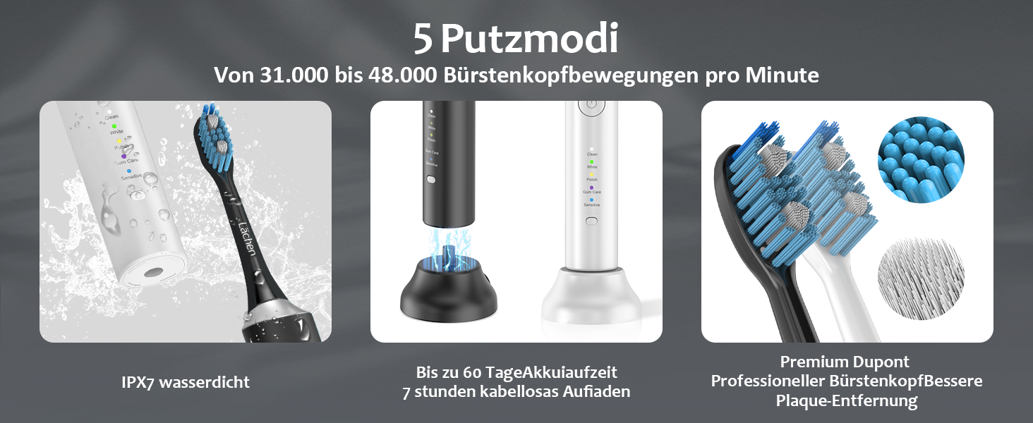 Електрична зубна щітка Lächen RM-H9, набір 2 шт. (біла та чорна) + 10 насадок, 5 режимів, з кейсами для подорожей