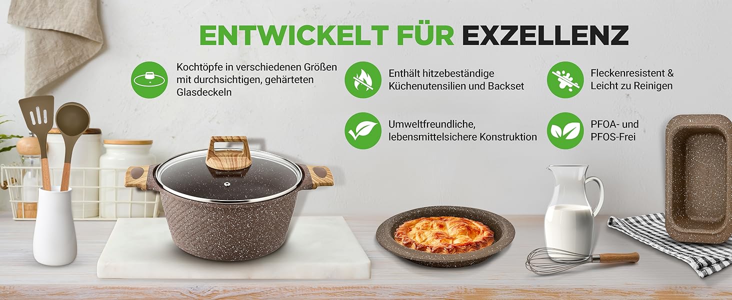 Набір посуду NutriChef Сандбраун 22 предмети з антипригарним мармуровим покриттям: сковороди, каструлі, кухонні прилади, форма для випічки, рукавиці, для індукційних плит, посудомийна машина