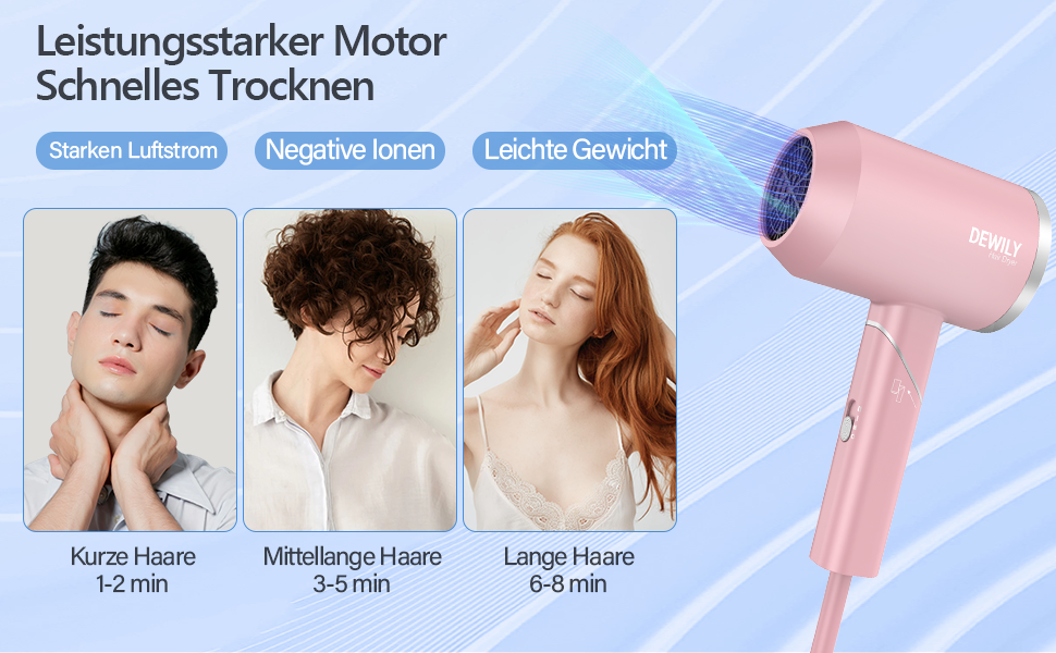 Фен іонний складний DEWILY Profi для подорожей, компактний, тихий, 3 режими нагріву, для сім'ї, сірий/рожевий (з насадкою)