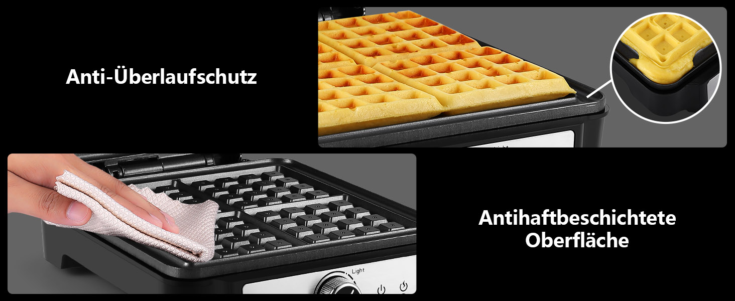 YASHE Belgian Waffle Maker - 4 Square Waffle Plates, 1200W, Non-Stick Coating, Adjustable Browning Control, Overflow Prevention, Silver/Black