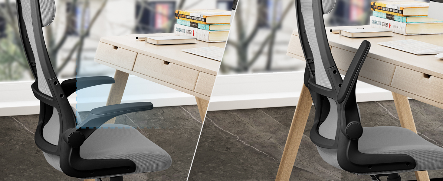 Ергономічне крісло для офісу з регульованою підголовником, сітчасте крісло для робочого столу, відкидні підлокітники, широке сидіння, функція гойдання, комп'ютерне крісло EN 1335, офісне крісло 200 кг, сіре та чорне