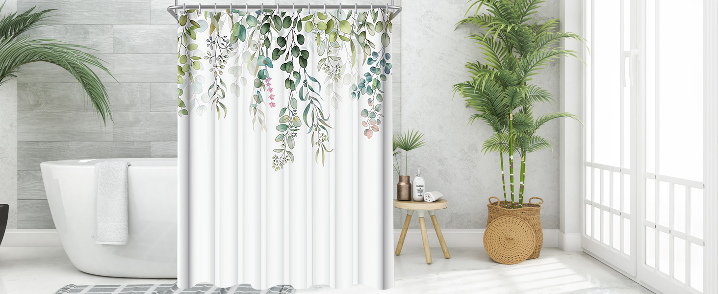Штора для душу 200x200 см, зелені листя, антигрибкова, текстильна, водовідштовхувальна, пральна, поліестер, з кільцями (12 шт.) для ванної кімнати