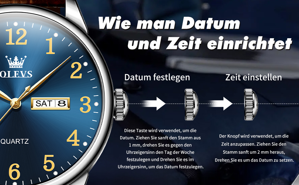 Чоловічий годинник OLEVS з нержавіючої сталі, кварцовий, аналоговий, класичний, бізнес-стиль, водонепроникний, з підсвічуванням, з датою, на шкіряному ремінці (A2 - синій циферблат/коричневий ремінь)