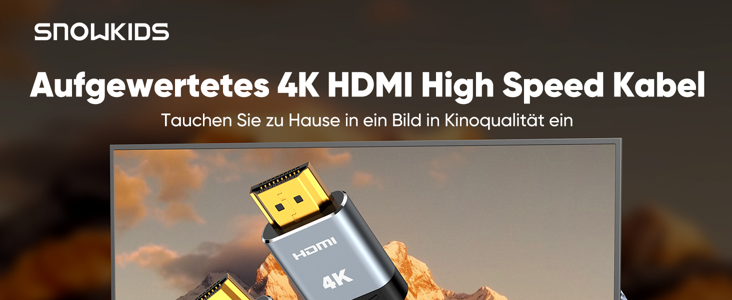 HDMI кабель SNOWKIDS 4K 2 метри: Nylon, Ethernet, Audio, Золочені коннектори, сумісний з HDTV, Laptop, Blu-ray, Soundbar, Monitor, PS-5, X-box