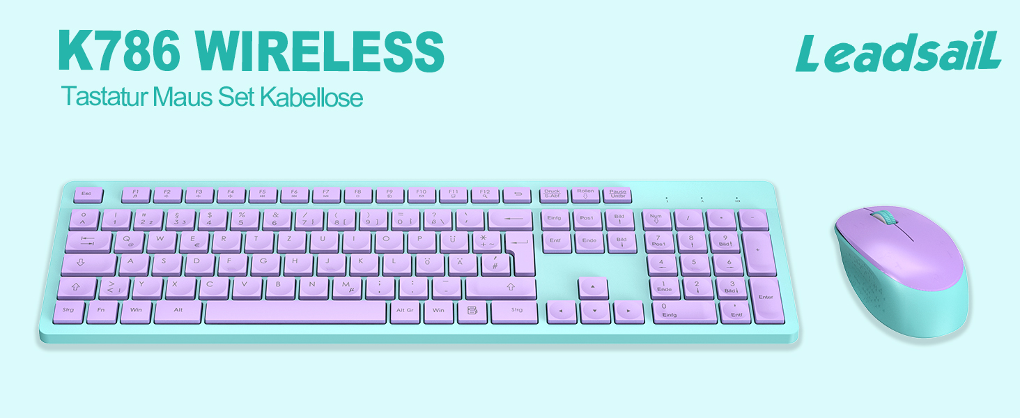 Бездротовий комплект клавіатури та миші Leadsail K786 з цифровою клавіатурою QWERTZ (німецька) - тиха клавіатура, 2.4 GHz, USB Nano приймач для ПК/ноутбука (багатобарвний)