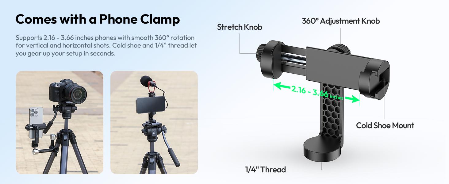 Штатив ULANZI Ombra II 156 см з кульковою головкою 360°, швидкознімною платформою та тримачем для телефону. Підходить для DSLR, Mirrorless камер, смартфонів. Вага 1,21 кг, вантажопідйомність 10 кг. Версія з ручкою на швидкознімній платформі чорного кольору.