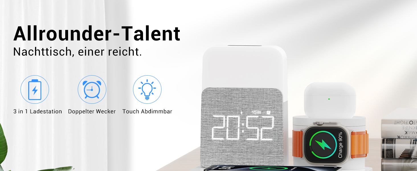 Бездротова зарядна станція 3-в-1 COLSUR для iPhone, Apple Watch, AirPods, 15W, нічна лампа з годинником, чорна