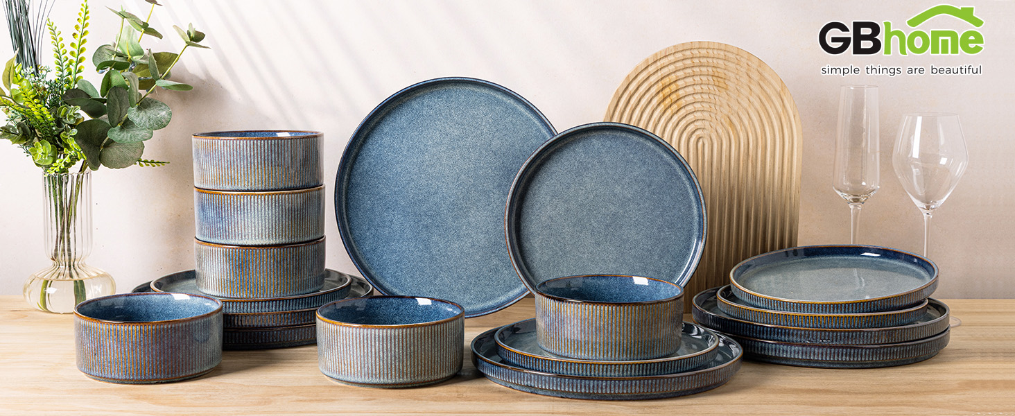 Набір посуду GBhome з каменю, 24 елементи, ручна робота, для 6 осіб, стійкий до миття в посудомийній машині та мікрохвильовій печі, керамічний посуд, блакитний колір