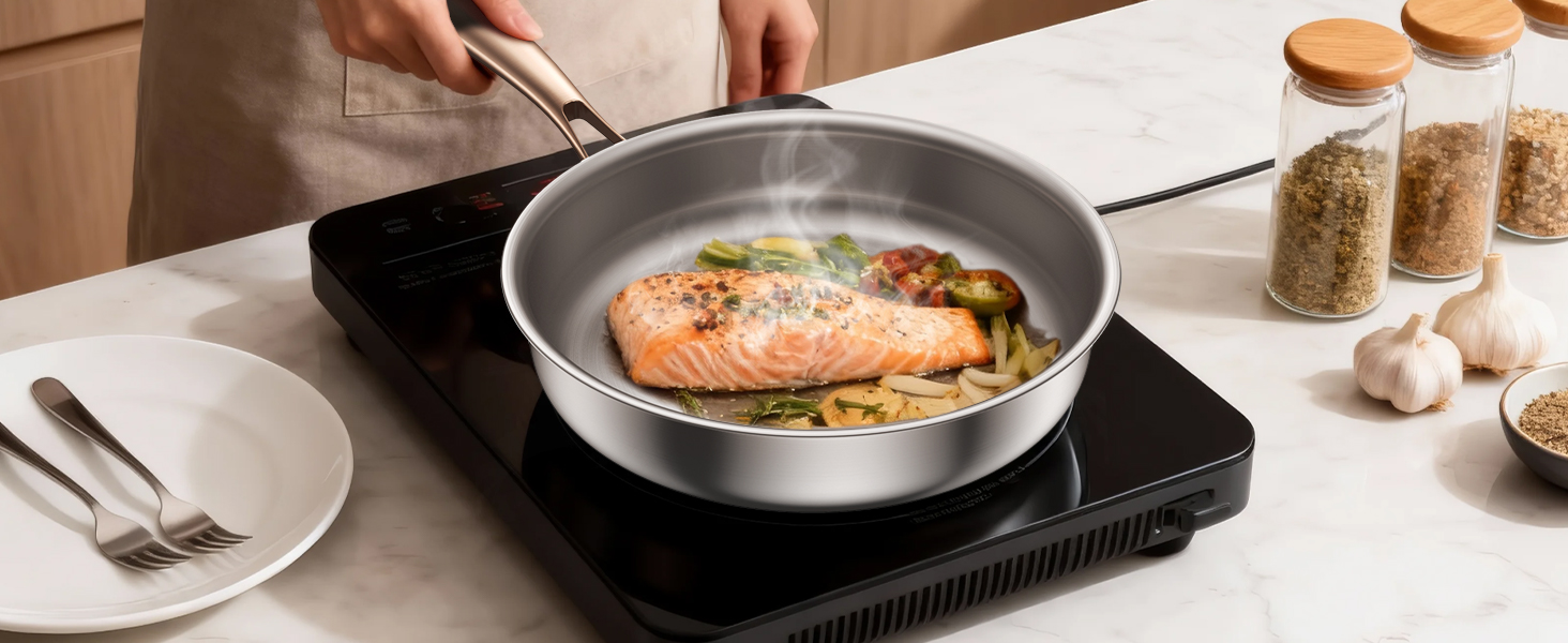 Сковорода Edelstal 28 см з титановим покриттям, індукційна, нержавіюча сталь 18/10, з рожево-золотистою ручкою (без PTFE, PFAS, PFOA) для всіх типів плит