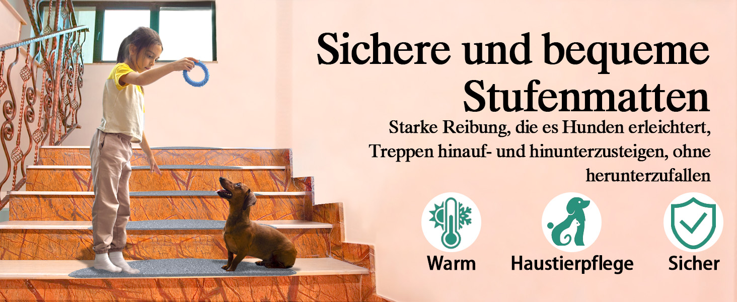 Rina Non-Slip Stair Treads - 15 Piece Set - 22x65 cm - Grey Adhesive Anti-Slip Rugs for Wooden Stairs - Indoor Safety