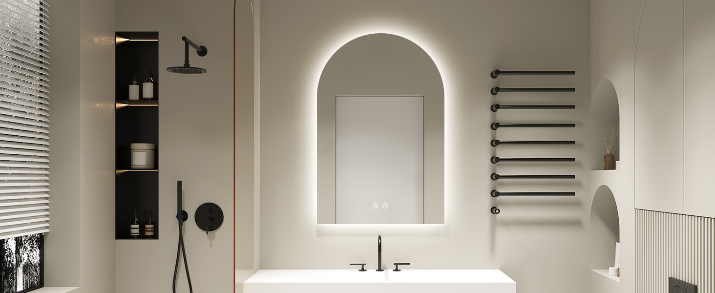 Дзеркало для ванної кімнати з підсвічуванням, арочне, без рами, 75x50 см. Touch-вимикач, регулювання яскравості, 3 кольори світла, антизапар