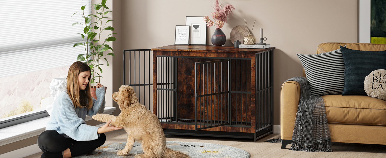 Дерев'яний вольєр для собак з двома дверцятами, міцний вольєр-будка для великих, середніх та малих собак, знімний піддон, 97.5 x 97.5x59x77.5 см