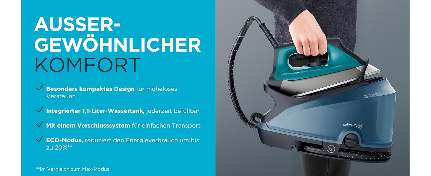 Станція парогенератора Rowenta Compact Steam Pro DG7621: 6,2 Bar, 310 г/хв, 1,1 л, компактний дизайн, блакитно-чорний