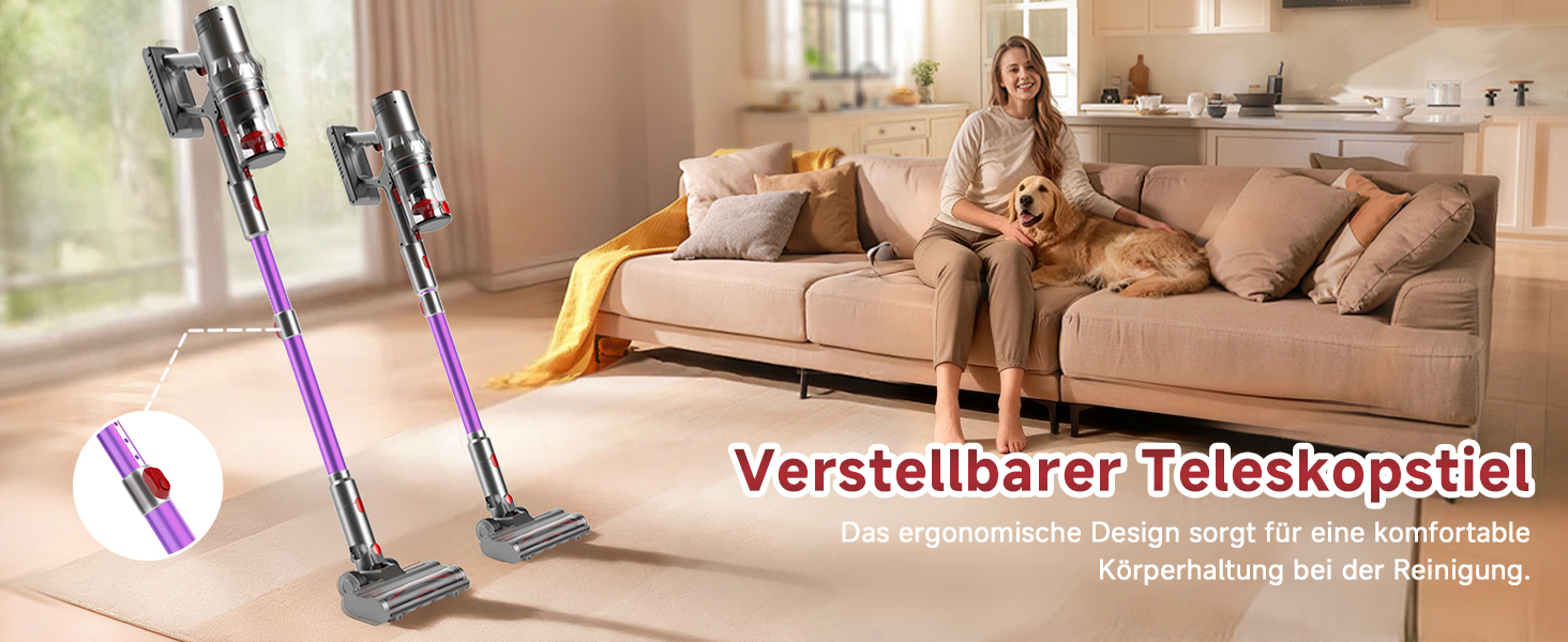 Бездротовий пилосос Hearten 4-в-1 з акумулятором, LED-дисплеєм та щіткою проти намотування, керуванням в один дотик, LED-підсвічуванням для шерсті тварин/килимів/твердих підлог, фіолетовий