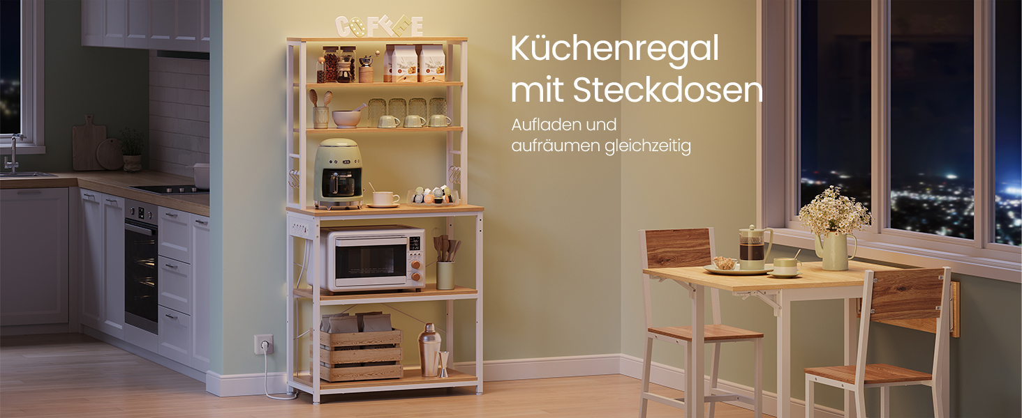 Стелаж кухонний VASAGLE з розетками, 6 полиць, гачки, сталевий каркас, 40x60x167 см, колір горіх + білий