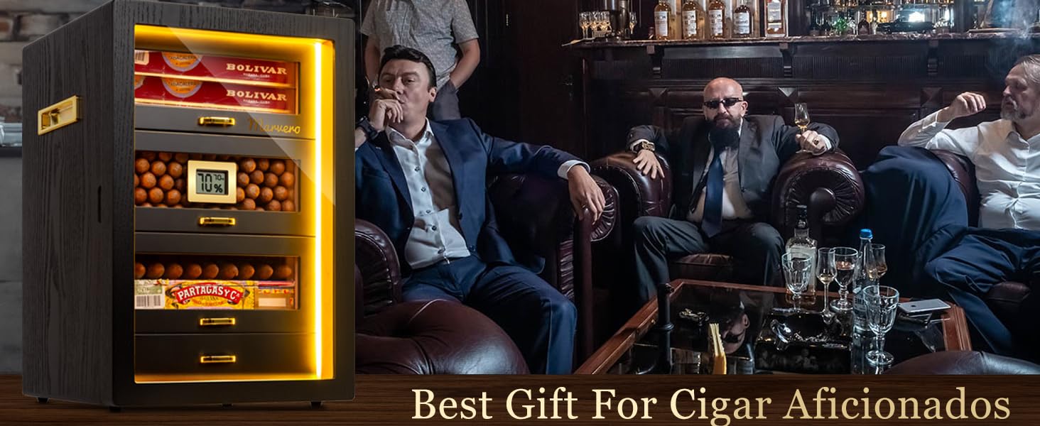 Гумодор для сигар, настільний з цифровим гігрометром, зволожувачем та пакетами для вологи. 4 висувні ящики з кедрової деревини, вміщує до 200 сигар (чорний)