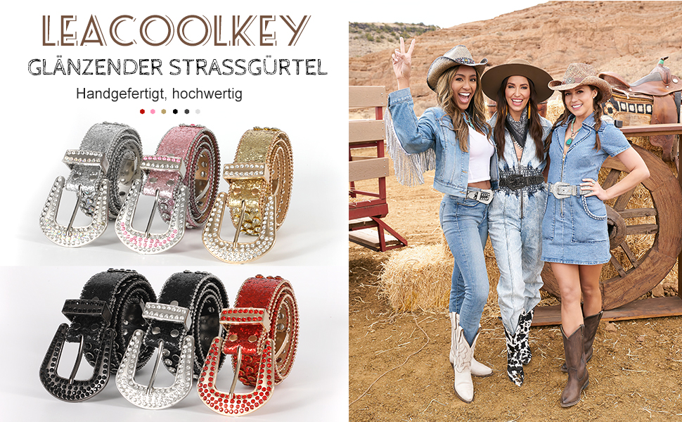 LEACOOLKEY Ремінь з стразами для чоловіків та жінок, блискучий вестерн кантрі ковбойський ремінь з ніти, для джинсів, штанів, суконь, розмір S (73-82 см), загальна довжина 105 см, колір G-рожевий (срібна пряжка)