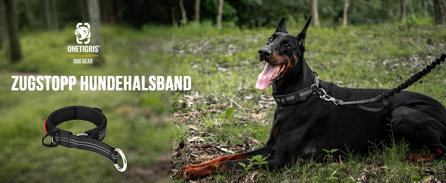 Нашийник для собак OneTigris Zug-Stopp, м'який, широка стрічка з відбиваючими елементами, чорний, XL, для середніх та великих собак
