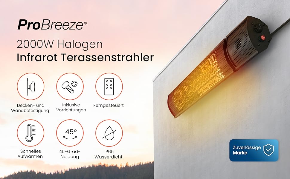 Інфрачервовий обігрівач Pro Breeze для тераси 2000W - електричний настінний обігрівач з пультом керування та 3 рівнями нагріву, IP65, вологозахист, чорний
