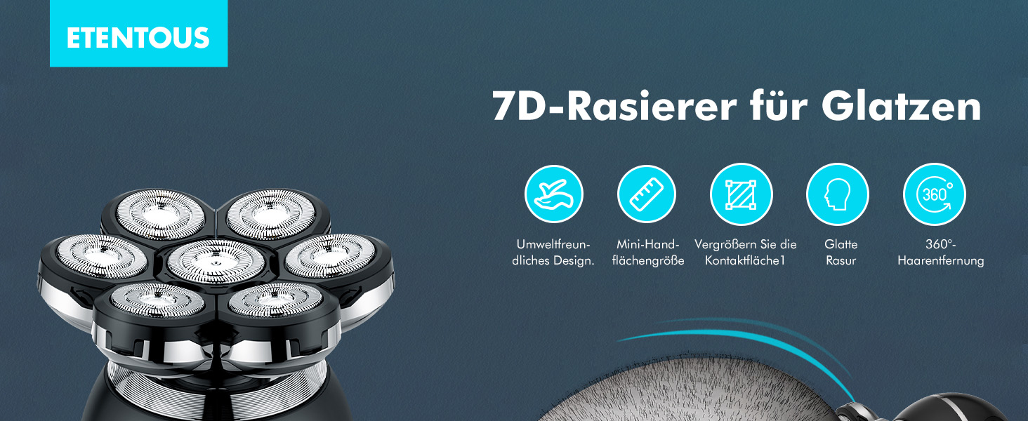 Електричний гоління для чоловіків ETENTOUS Glatzen Rasierer - 7D, 6-в-1, для гоління голови, бороди, носа, IPX7, чорний