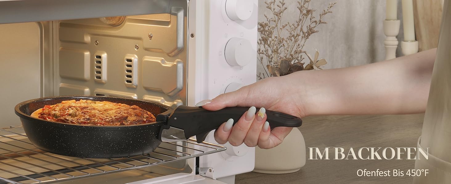 Набір посуду керамічний 23 предмети з антипригарним покриттям та знімними ручками, чорний. Підходить для всіх типів плит, включаючи індукційні. Сковороди 20/26 см, каструля 18 см, сотейник 24 см, жароміцний.