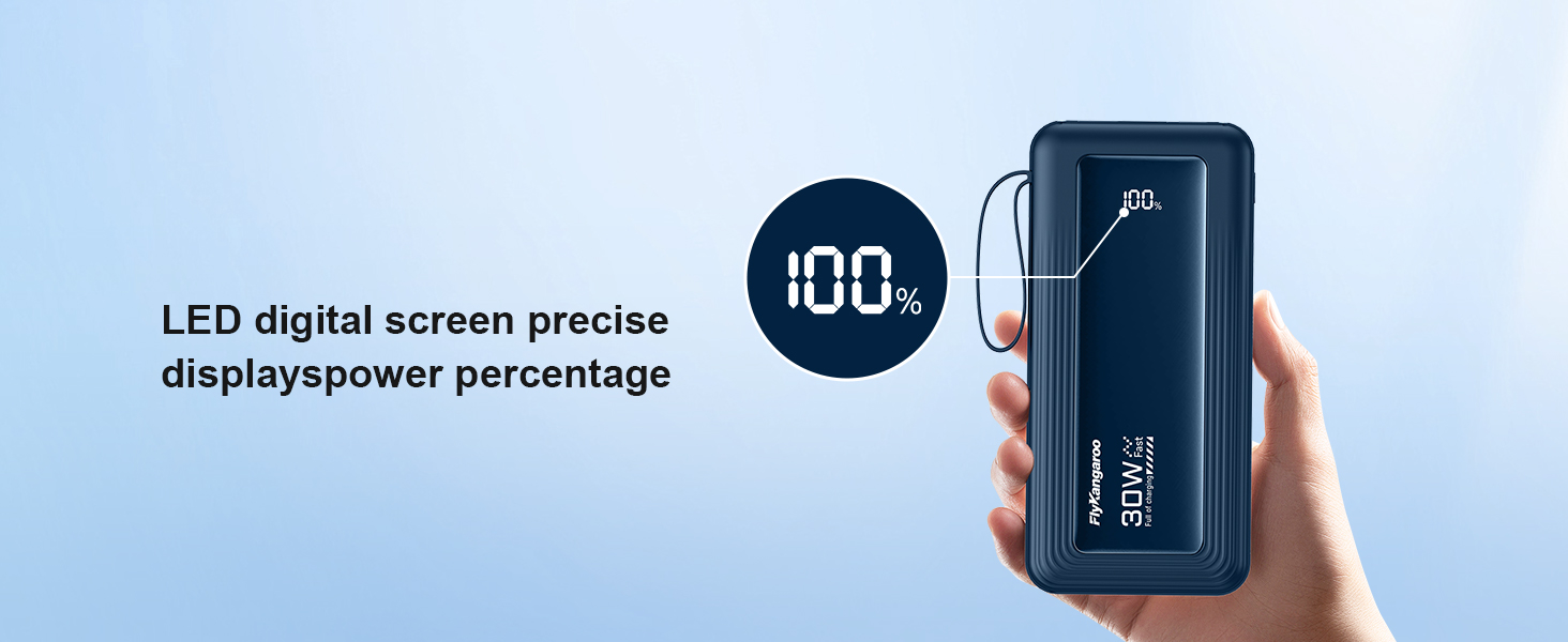 Повербанк 27000mAh з 4 вбудованими кабелями та LED-дисплеєм, швидка зарядка 30W USB-C для iPhone, Samsung, iPad та Android смартфонів (Темно-синій)