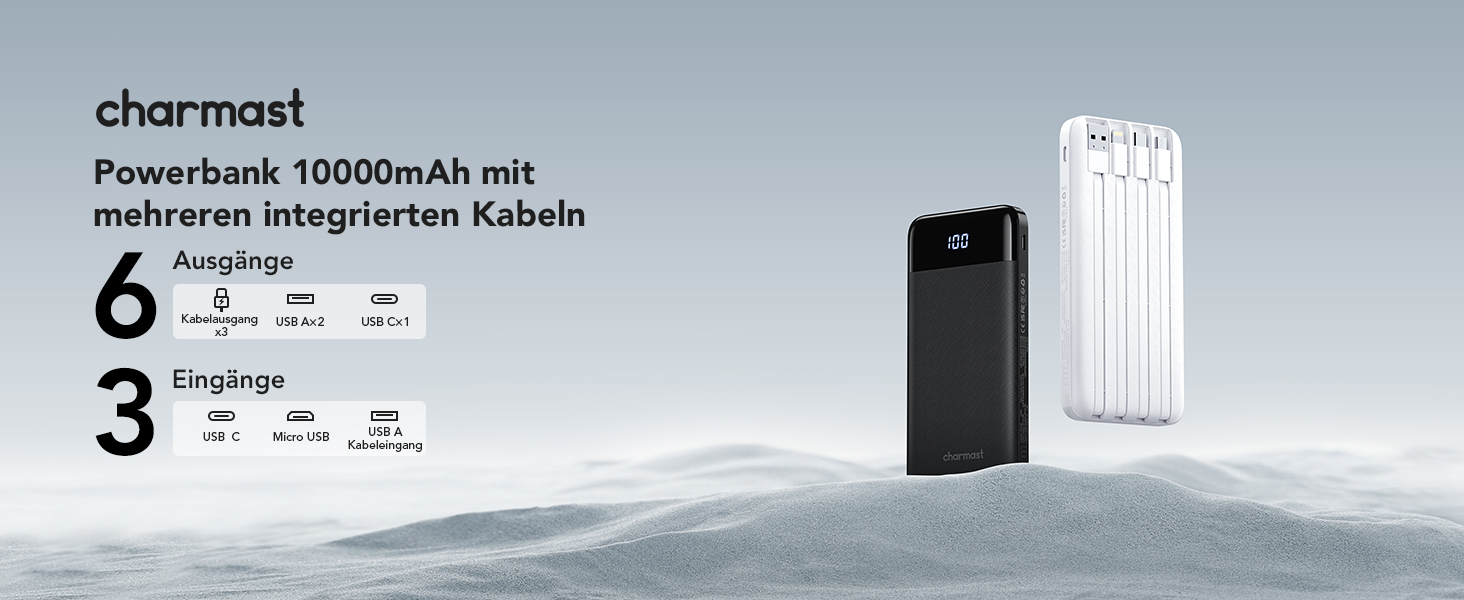 Power Bank Charmast 10000mAh з 6 виходами, USB-C, LED-дисплеєм, 4 кабелями, чорний