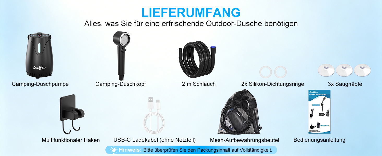 Портативний акумуляторний душ LIBERRWAY Campingdusche 8000mAh для кемпінгу, саду, авто – IPX8, 5 режимів, 2м шланг