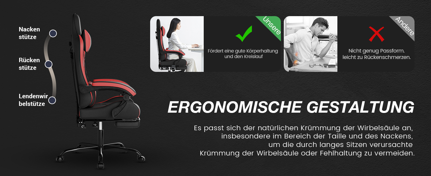 Геймерське крісло Ergonormic з підставкою для ніг та підтримкою попереку, чорно-червоне