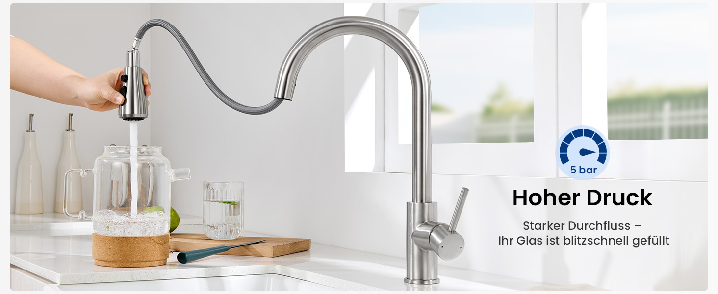 Кран кухонний CECIPA з 3 режимами, висувна лійка, поворотний на 360°, з високим виливом, нержавіюча сталь, з однією ручкою