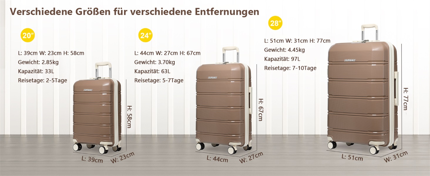 Набір валіз Joyway 3 в 1 з твердим корпусом, 4 колеса, TSA-замок, коричневий/білий. В комплекті: косметичка та сумка для перенесення.