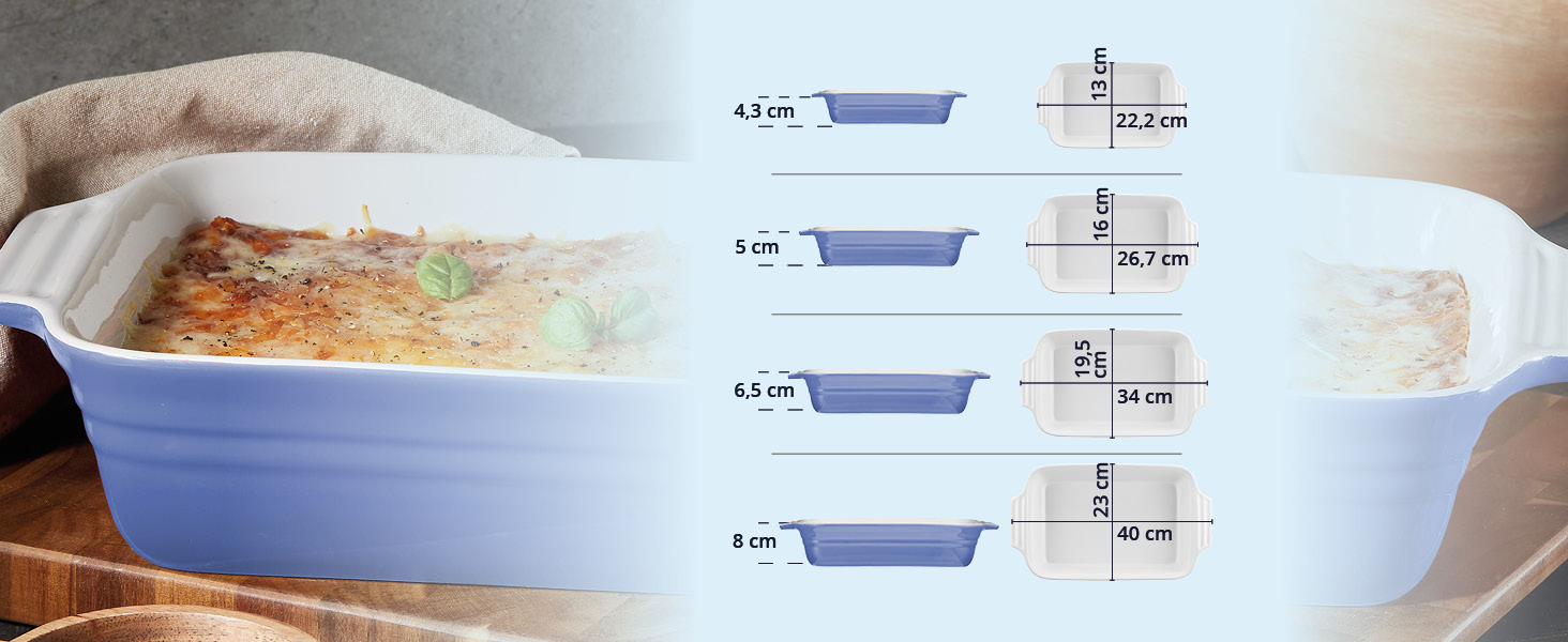 Форма для запікання велика 40 см, на 4-6 осіб, об'єм 3 літри, керамічна прямокутна форма для запікання, стійка до подряпин, для лазаньї, тірамісу та іншого (набір 4 шт. (22 см), світло-блакитна)
