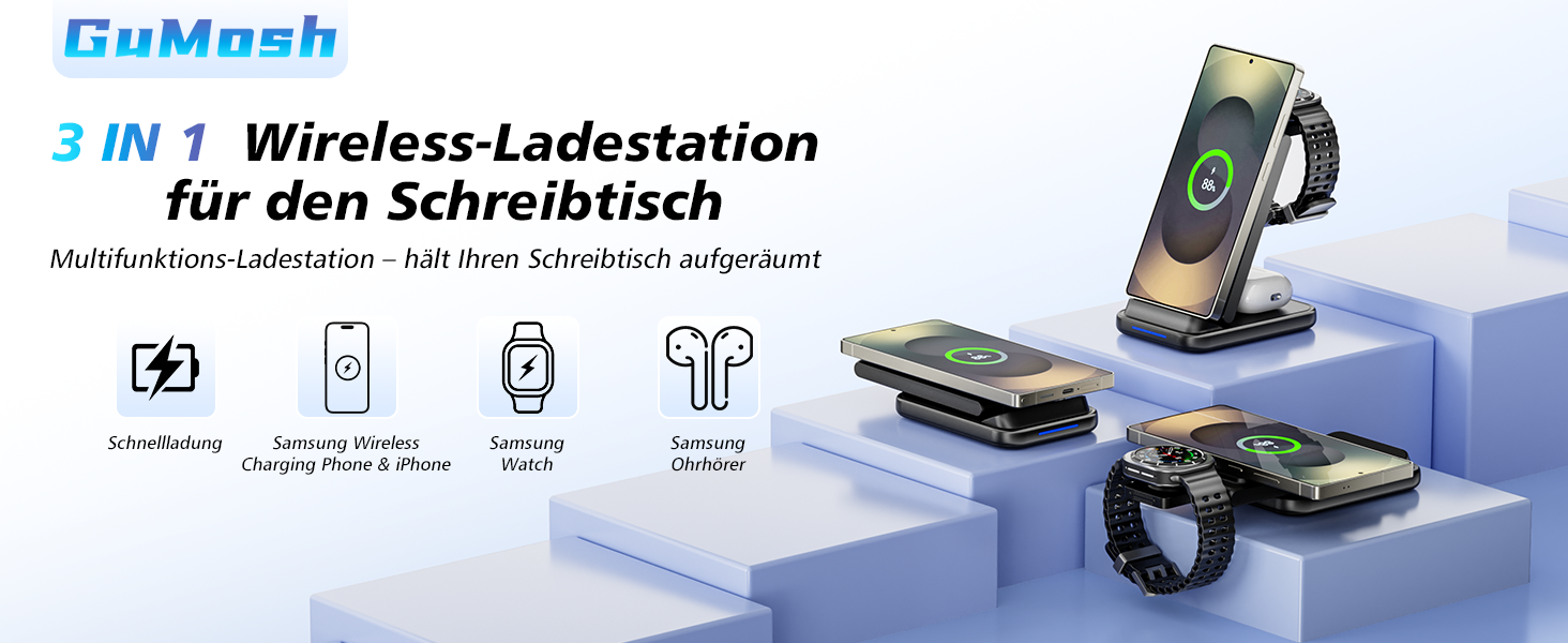 Бездротова зарядка 3-в-1 для Samsung: станція з подвійною котушкою, захистом від перевантаження та портативним дизайном для смартфонів, смарт-годинників та навушників