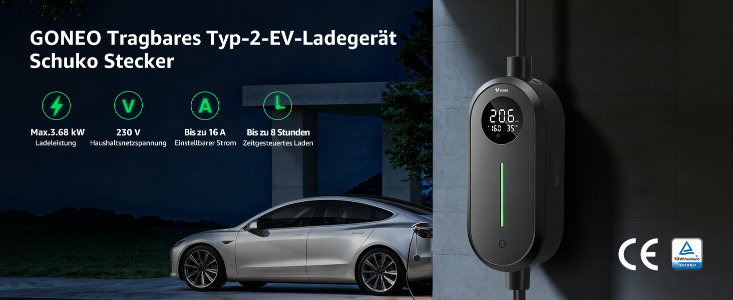 Зарядний пристрій для електромобілів GONEO Typ 2 3.68kW 16A IP66, 6м, 230V з LCD та таймером