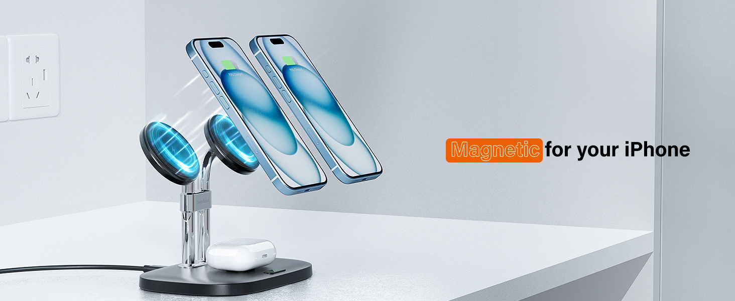 Бездротова зарядка SwanScout для iPhone 17/Air, AirPods Pro 3/2, 2 телефони, чорний