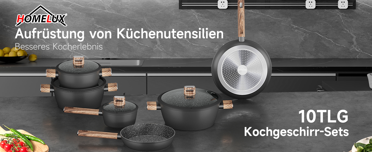 Набір каструль HOMELUX 10 частин з нержавіючої сталі, індукційне дно, з кришками, чорний