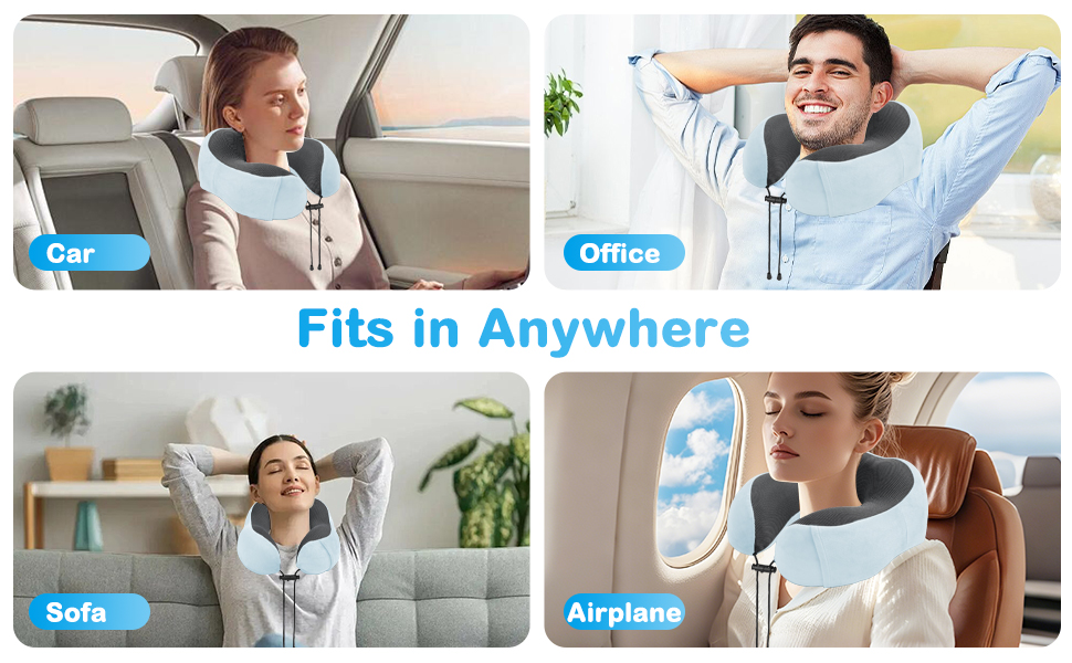 Подушка для шиї в літак, доросла, Memory Foam, регульована, компактна, з навушниками, маскою для сну, коробкою для зберігання (Блакитна)