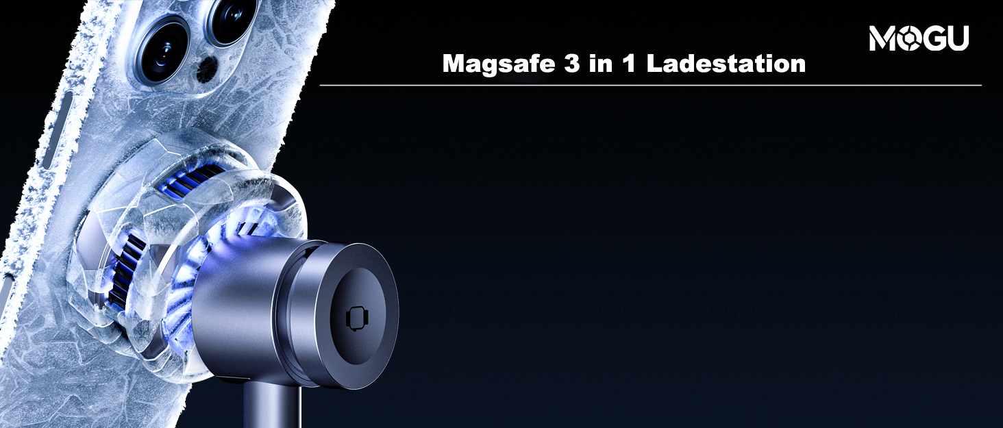 MOGU Бездротова зарядна станція 3-в-1 з магнітною фіксацією та охолодженням TEC, 15W, сумісна з MagSafe iPhone 12-17, Samsung S24-S26, Apple Watch, AirPods + адаптер 45W