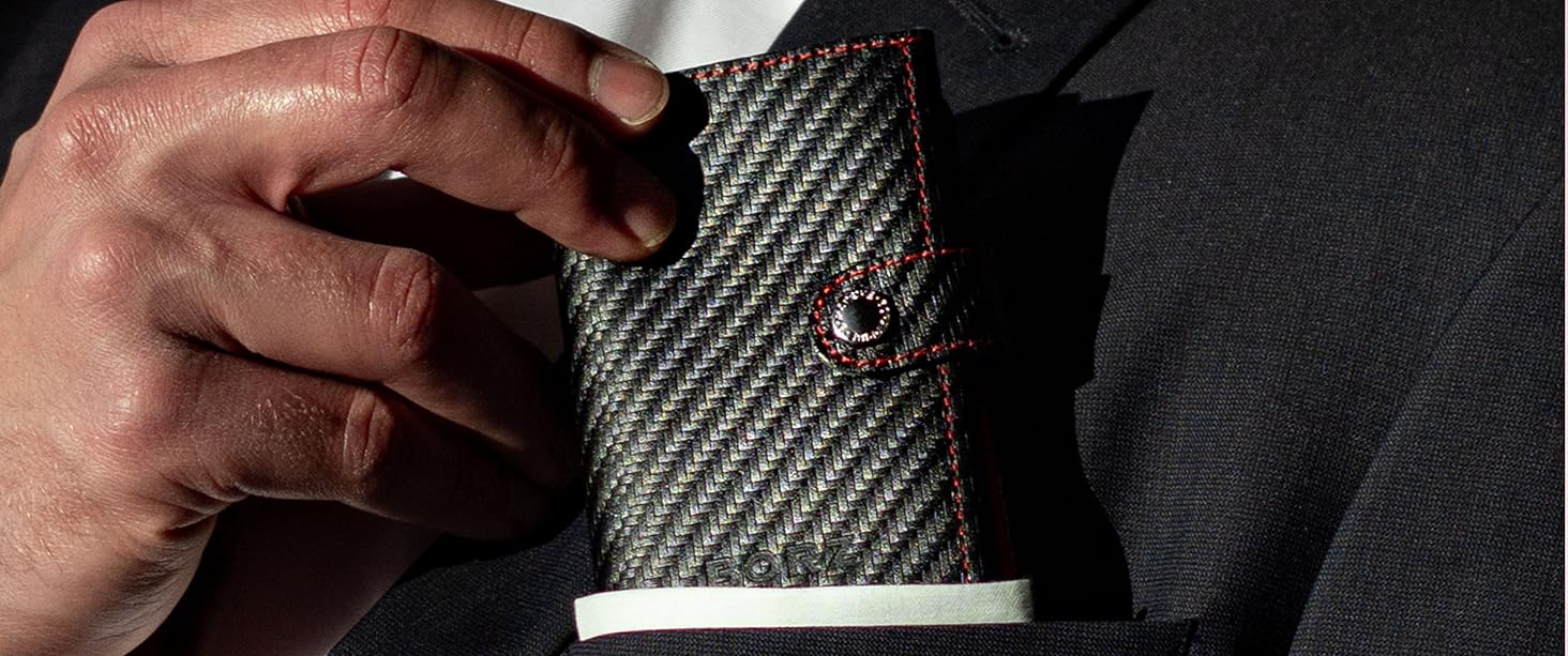 Крутий чохол-картхолдер BORZ Prime для AirTag з відділенням для монет, цифровою візитною карткою, захистом RFID, карбоном та червоною строчкою. Slim, шкіряний, з червоною строчкою.