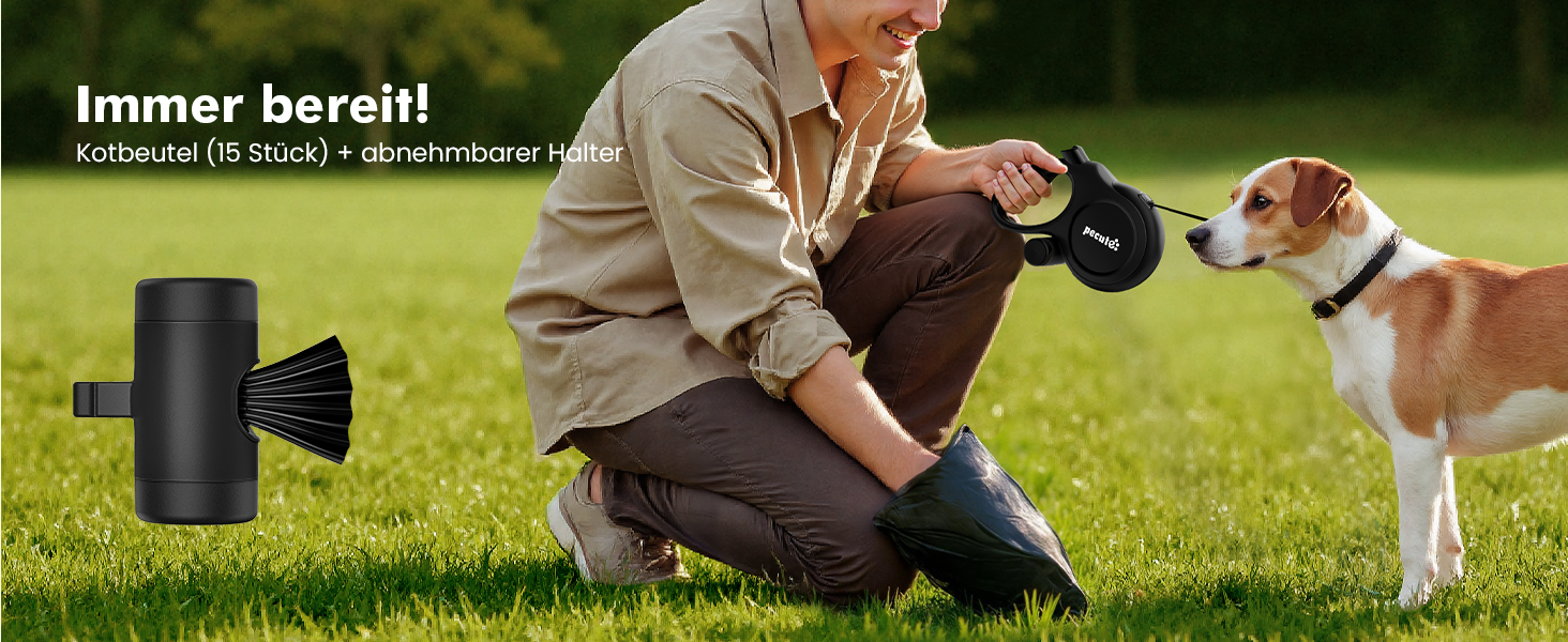 Рулетка для собак Pecute 8м, бісостійка, з набором для збору відходів, 360° антизаплутування, для собак середніх та великих (15-50кг), зелена