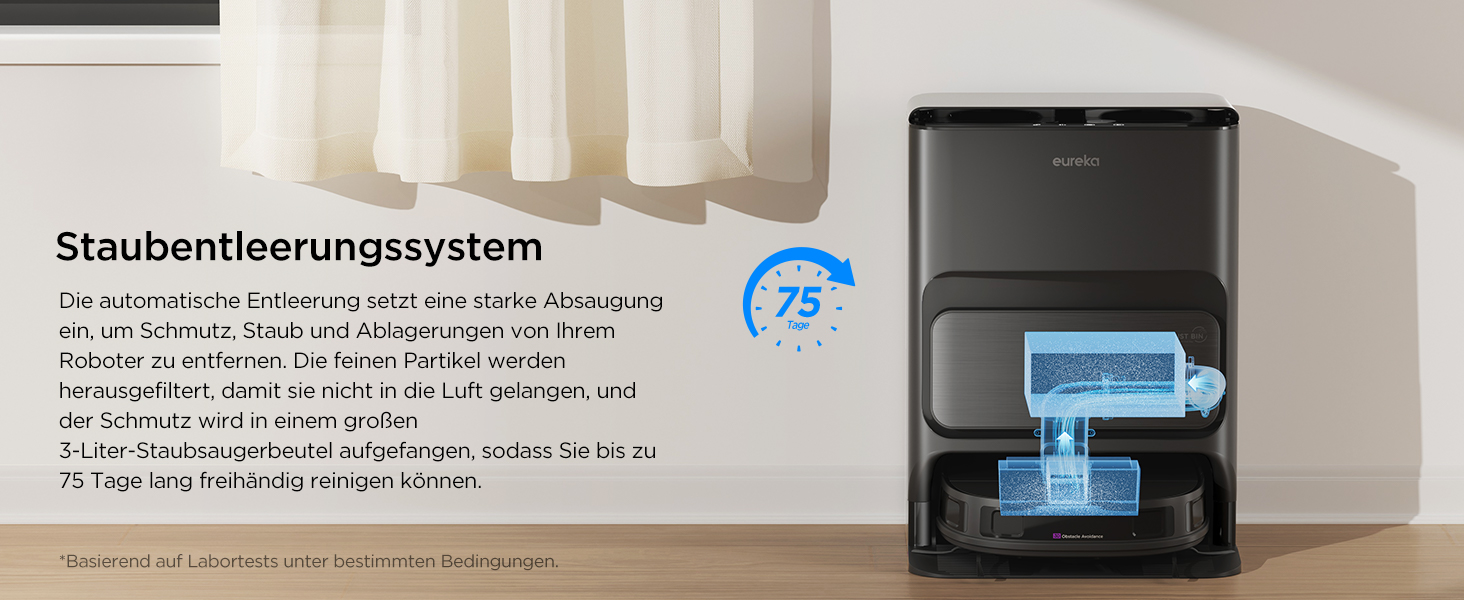 Робот-пилосос Eureka J12 Ultra з функцією миття підлоги (автоматичне очищення, прання та сушка), потужність всмоктування 5000Pa, обертова функція миття, Dual-LiDAR навігація, 3D уникнення перешкод, чорний