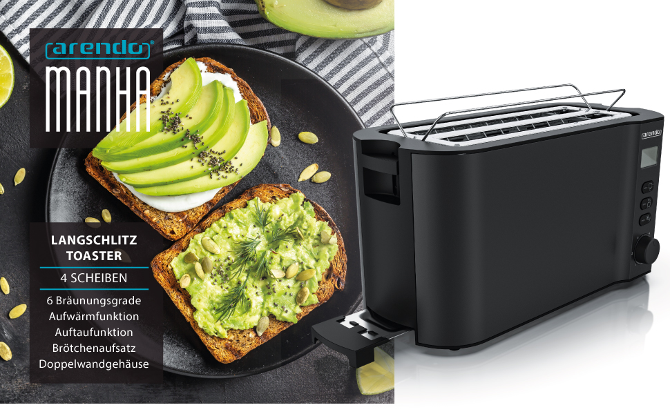 Тостер Arendo з нержавіючої сталі з 4 широкими слотами, подвійними стінками, тримачем для булочок, 6 ступенів підсмажування, центровкою хліба, автоматичним вимкненням та дисплеєм з індикатором часу (чорний)